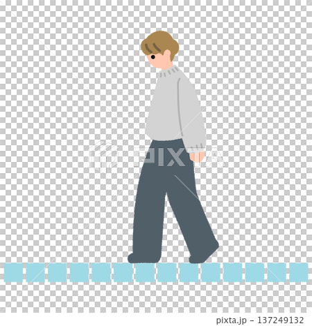 Flat illustration of a person walking on a floor made of successive small blocks Flat illustration of a person walking on a floor made of successive small blocks 137249132