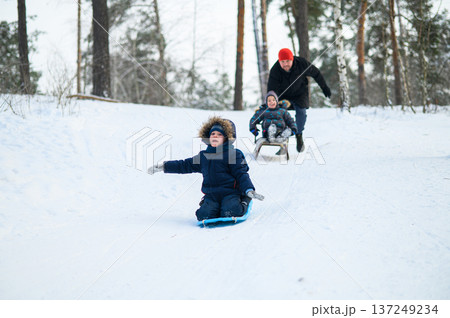 Father and young children sledding down snowy hill in winter forest. Seasonal family leisure, childhood fun, and active lifestyle in cold weather nature 137249234