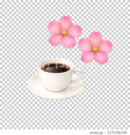 水彩風 コーヒーカップと三輪の桜 切り抜き素材 春のカフェイラスト 137249249