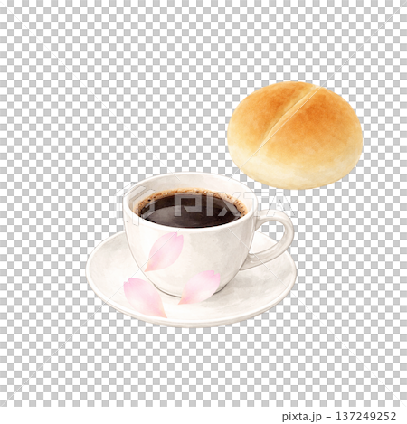 水彩風格的咖啡杯和圓形麵包剪紙早餐圖片 137249252
