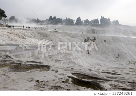 Panoramic view of travertine at Pamukkale, Turkey 137249261