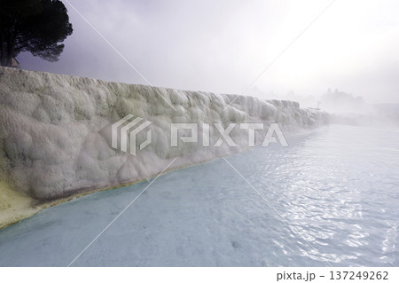 Panoramic view of travertine at Pamukkale, Turkey 137249262