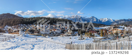 Winter panorama of Seefeld village with the church at sunset in in the Tyrolean Alps, Austria 137249298