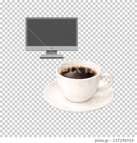 水彩咖啡杯和顯示器剪紙素材遠距辦公圖片 137249358