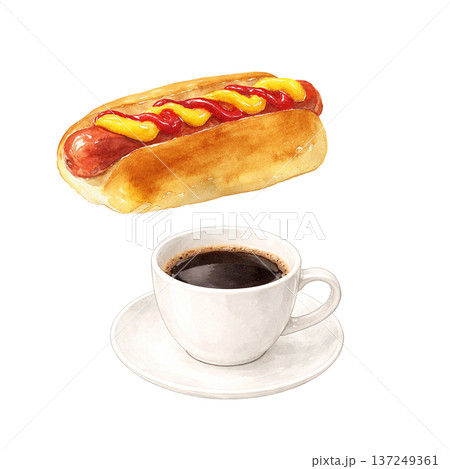 水彩風 コーヒーカップとホットドッグ 切り抜き素材 軽食カフェイメージ 137249361