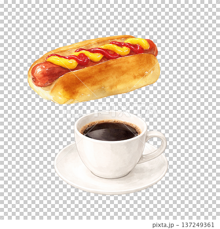 水彩風 コーヒーカップとホットドッグ 切り抜き素材 軽食カフェイメージ 137249361