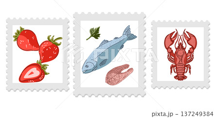 Three cute and cozy stamps with food illustrations, bright and juicy colors, naive style of execution. Appetizing drawings. Groomed elements, set. 137249384