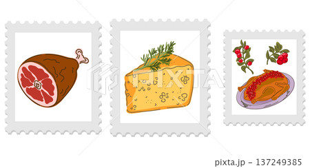 Three cute and cozy stamps with food illustrations, bright and juicy colors, naive style of execution. Appetizing drawings. Groomed elements, set. 137249385