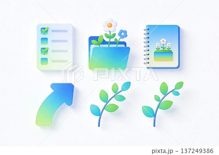 Minimal 3D icon set with gradient blue green colors: checklist with sprouts, folder with flowers 137249386