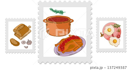 Three cute and cozy stamps with food illustrations, bright and juicy colors, naive style of execution. Appetizing drawings. Groomed elements, set. 137249387