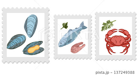 Three cute and cozy stamps with food illustrations, bright and juicy colors, naive style of execution. Appetizing drawings. Groomed elements, set. 137249388