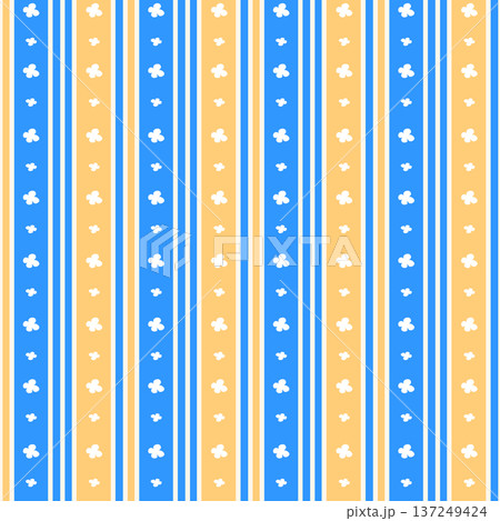 Bright pattern in vertical blue and orange stripes, decorated with flowers. Vector seamless print in a Scandinavian style for printing, wallpaper, childrens textiles. A cute and simple pattern. 137249424