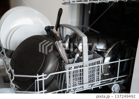 Dishwasher filled with plates, pans, pots, and silverware in the utensil basket, illustrating daily household chores and modern kitchen convenience for cleaning dishes 137249492