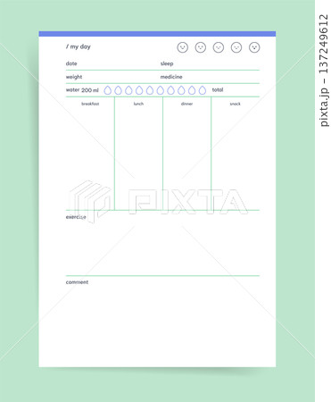 Daily Log Planner. Printable my day planner for tracking meals, water, sleep, weight, medicine, exercise, mood and comments. Simple wellness tracker for organizing health Daily Log Planner. Printable my day planner for tracking meals, water, sleep, weight, medicine, exercise, mood and comments. Simple wellness tracker for organizing health 137249612