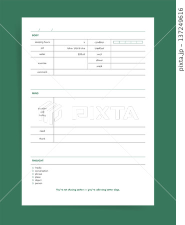 Daily wellness tracker planner. Printable planner page for body, mind and thought; track sleep hours, meals, water, medicine, exercise, mood, gratitude and thoughts. Minimalist planner for self care Daily wellness tracker planner. Printable planner page for body, mind and thought; track sleep hours, meals, water, medicine, exercise, mood, gratitude and thoughts. Minimalist planner for self care 137249616