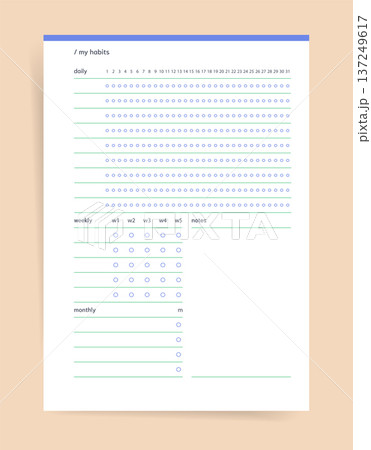 Habits Tracker Planner. Printable planner page with daily, weekly and monthly habit tracking rows and notes section; minimalist habit tracker for routines and productivity Habits Tracker Planner. Printable planner page with daily, weekly and monthly habit tracking rows and notes section; minimalist habit tracker for routines and productivity 137249617