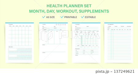 Health planner, printable planner set of four A5 pages including monthly planner, daily health log, workout tracker and supplements tracker; minimal editable health planner for wellness 137249621