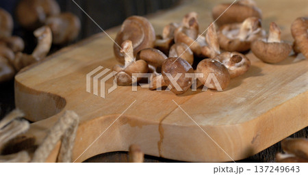 Fresh mushrooms are placed on a wooden cutting board with more scattered around in a kitchen setting Fresh mushrooms are placed on a wooden cutting board with more scattered around in a kitchen setting 137249643