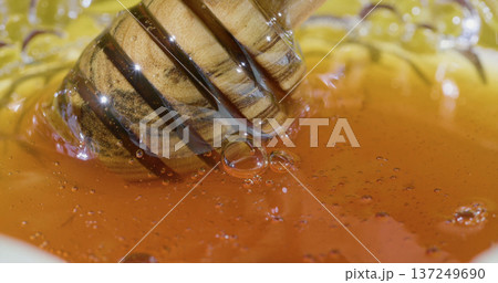 Honey dripping from a wooden dipper into a bowl of golden syrup during a sunny day in a kitchen Honey dripping from a wooden dipper into a bowl of golden syrup during a sunny day in a kitchen 137249690