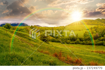 sunset over wonderful countryside scenery with trees on a green hill. scenic rural area in the beautiful valley. vivid picture of a mountain landscape in springtime. weather with rainbow 137249770