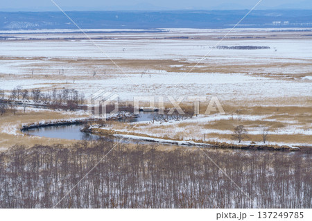 冬の釧路湿原 　細岡展望台から望む雪原と蛇行する川の風景 137249785