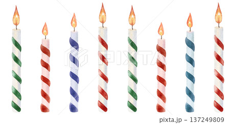 Seamless watercolor border with birthday colorful candles. Elegant summer design for packaging, textiles, stationery and festive branding 137249809