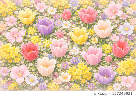 春の花シリーズ:真上から見たカラフルな花密集背景 春の花シリーズ:真上から見たカラフルな花密集背景 137249921