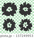 Simple abstract flower silhouettes, isolated icon elements and Checkered seamless pattern square background Set. Hand drawn doodle sketch cartoon 70s style design collection. 137249953