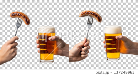 Hand holding a cold beer alongside a grilled sausage speared on a fork, representing cookouts, game day food, and casual dining Hand holding a cold beer alongside a grilled sausage speared on a fork, representing cookouts, game day food, and casual dining 137249963