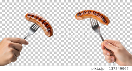 Hand holding grilled sausage on fork, isolated. Perfect for barbecue season, hot dog stands, and outdoor cooking themes 137249965