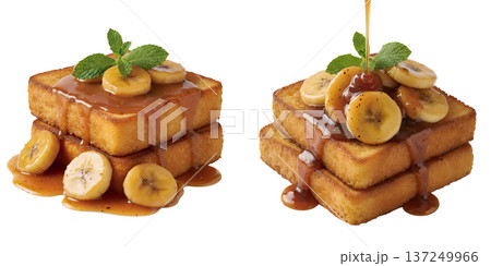 Delicious breakfast, golden french toast topped with fresh banana slices and rich caramel sauce drizzle, perfect for brunch menus and food blogs Delicious breakfast, golden french toast topped with fresh banana slices and rich caramel sauce drizzle, perfect for brunch menus and food blogs 137249966