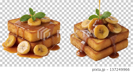 Delicious breakfast, golden french toast topped with fresh banana slices and rich caramel sauce drizzle, perfect for brunch menus and food blogs Delicious breakfast, golden french toast topped with fresh banana slices and rich caramel sauce drizzle, perfect for brunch menus and food blogs 137249966