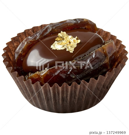 Luxurious gourmet date, dipped in dark chocolate and decorated with edible gold leaf, isolated. Perfect for elegant desserts and healthy indulgence 137249969