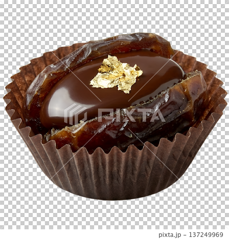 Luxurious gourmet date, dipped in dark chocolate and decorated with edible gold leaf, isolated. Perfect for elegant desserts and healthy indulgence 137249969