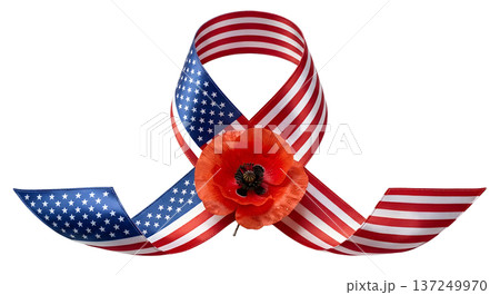 American flag ribbon tied with a bright red poppy flower, symbolizing remembrance day, veterans day, and honoring fallen heroes 137249970