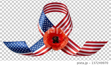 American flag ribbon tied with a bright red poppy flower, symbolizing remembrance day, veterans day, and honoring fallen heroes 137249970