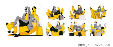 Fashionable women sitting inside giant banana color ink sketch vector set. Sunglasses berets trench coats peels yellow fruit lounge chairs shopping bags parcels flat outline art characters isolated Fashionable women sitting inside giant banana color ink sketch vector set. Sunglasses berets trench coats peels yellow fruit lounge chairs shopping bags parcels flat outline art characters isolated 137249996