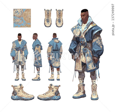 Fashion streetwear character cartoon vector concepts. Male cloak boots shoes sneaker outfit model garment textile pattern futuristic urban style man apparel accessories illustration isolated on white 137249997