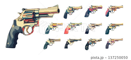 Classic snub nose revolver cartoon vector set. Handgun cylinder hammer shown gun firearm bullet police self defense pistol security gangster isolated weapon 137250050