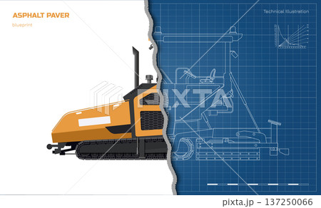 Asphalt paver drawing. Industrial road machine side view. Urban building vehicle. Isolated roadwork equipment 137250066