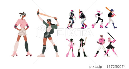 Baseball character cartoon vector set. Athlete players bat ball helmet team sports uniform batting stance roller, personage skating derby pink green black equipment isolated on white backdrop 137250074
