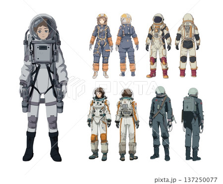Astronaut space suit cartoon vector concept. Cosmonaut uniform clothing equipment gear futuristic science fiction cyberpunk techwear, galaxy pilot character anime isolated on white background Astronaut space suit cartoon vector concept. Cosmonaut uniform clothing equipment gear futuristic science fiction cyberpunk techwear, galaxy pilot character anime isolated on white background 137250077