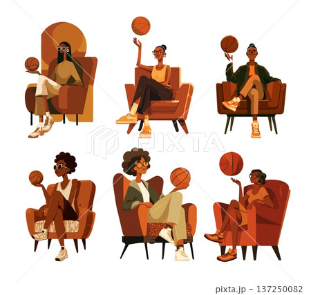 African american women sitting in velvet armchairs spinning basketballs fingers cartoon vector scenes. Female glasses sneakers afro character sport streetball isolated concepts on white backdrop 137250082