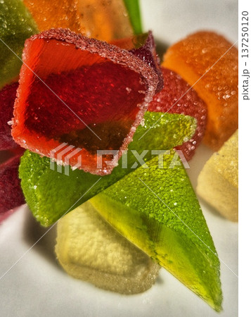 Close-up of colorful candies. Colorful jelly candies. Marmalade. Candied fruit. Close-up of colorful candies. Colorful jelly candies. Marmalade. Candied fruit. 137250120