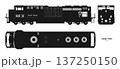 Isolated diesel cargo train silhouette. Black drawing of locomotive. Shape blueprint. Railway delivery. Side, top and front railroad vehicle view 137250150