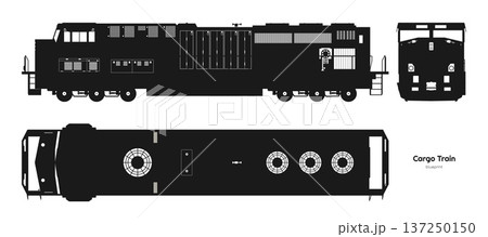Isolated diesel cargo train silhouette. Black drawing of locomotive. Shape blueprint. Railway delivery. Side, top and front railroad vehicle view 137250150