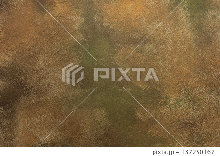 A textured surface with worn coloring appears in the frame. Ochre, green, tan, and brown shades mix to create an abstract design with a rugged feel A textured surface with worn coloring appears in the frame. Ochre, green, tan, and brown shades mix to create an abstract design with a rugged feel 137250167