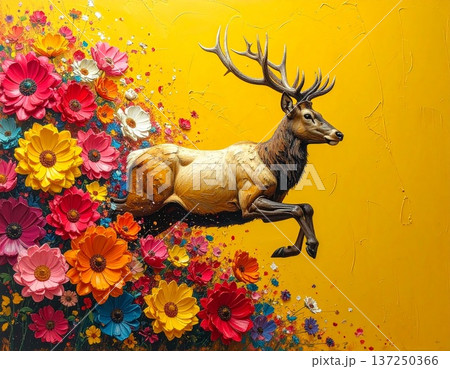 色鮮やかな花と鹿のアートビジュアル 137250366