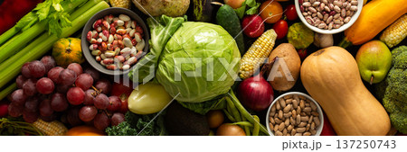 Organic seasonal vegetables from an autumn farm harvest, including fresh, ripe veggies grown naturally and handpicked for quality Organic seasonal vegetables from an autumn farm harvest, including fresh, ripe veggies grown naturally and handpicked for quality 137250743