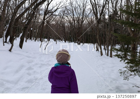 二月冬の北海道、冬景色、世界自然遺産の知床で望む冬の知床自然センターからトレッキングするフレペの滝 137250897